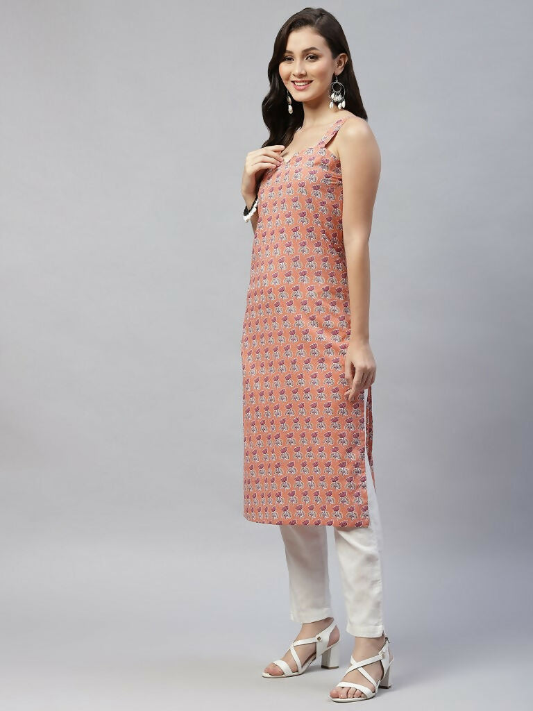 Miravan Women's Floral Printed Strappy Peach Straight Kurta