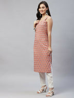 Miravan Women's Floral Printed Strappy Peach Straight Kurta