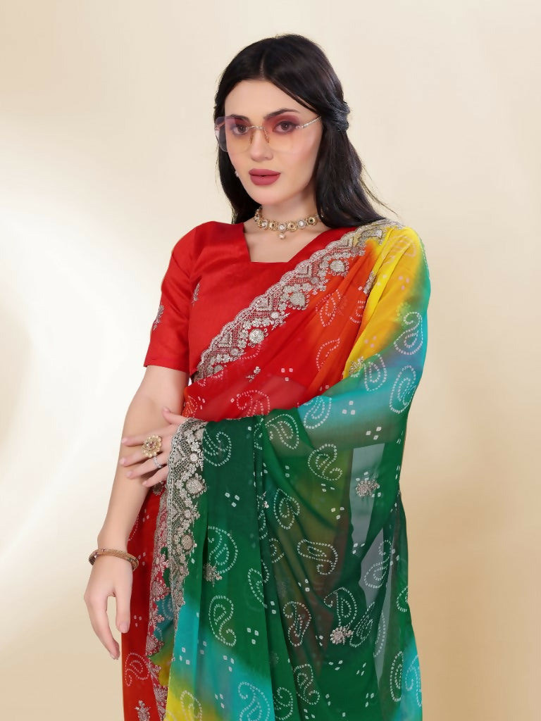 Green Georgette Bandhani Printed,Embroidery Work Saree - Bandhan