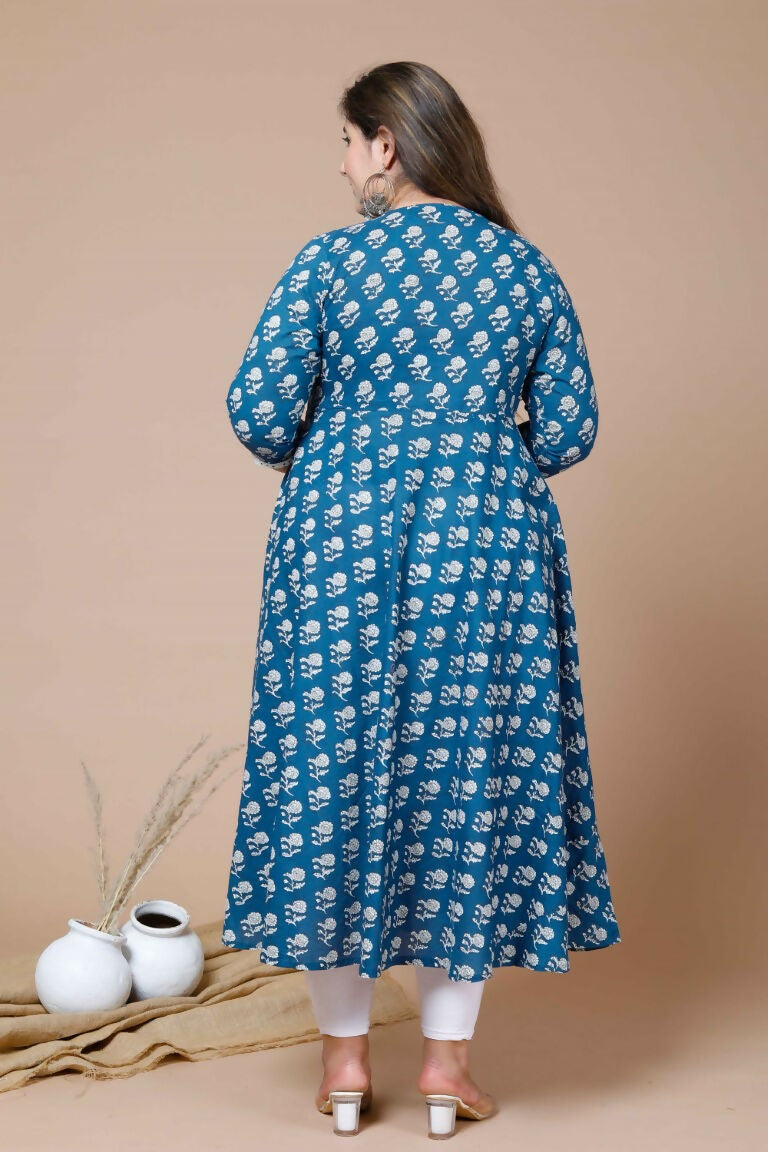 Miravan Women's Plus Size Blue Printed Anarkali Kurta With Dupatta