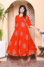 Miravan Womens Orange V-Neck Printed Anarkali Style Kurta - Distacart