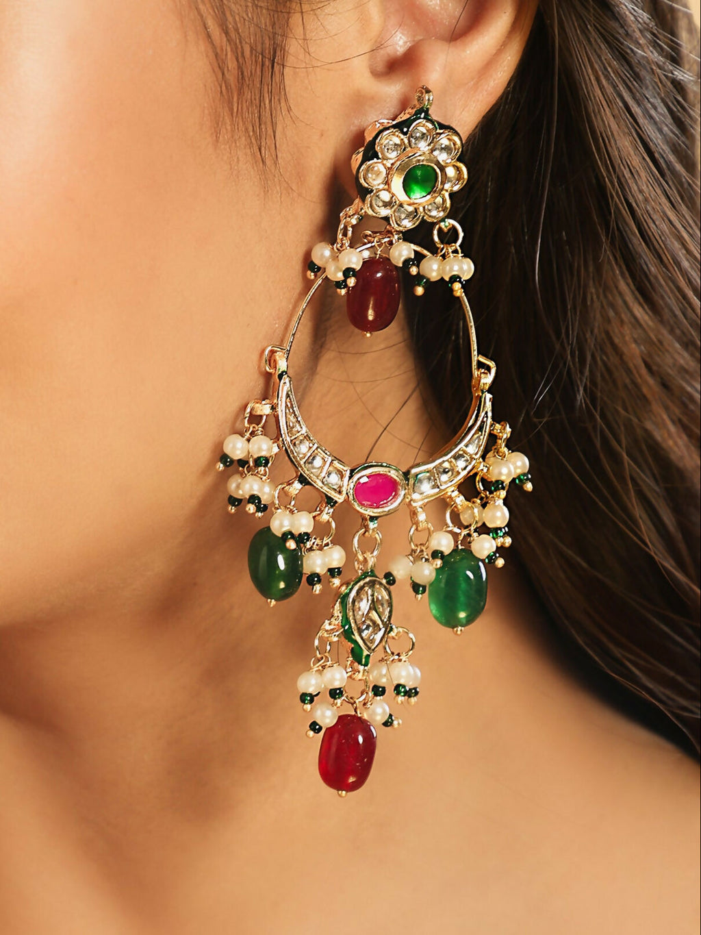 Nuyug 22K Gold Plated Crescent Kundan Drop Red Stone Chandbali Earrings - Distacart