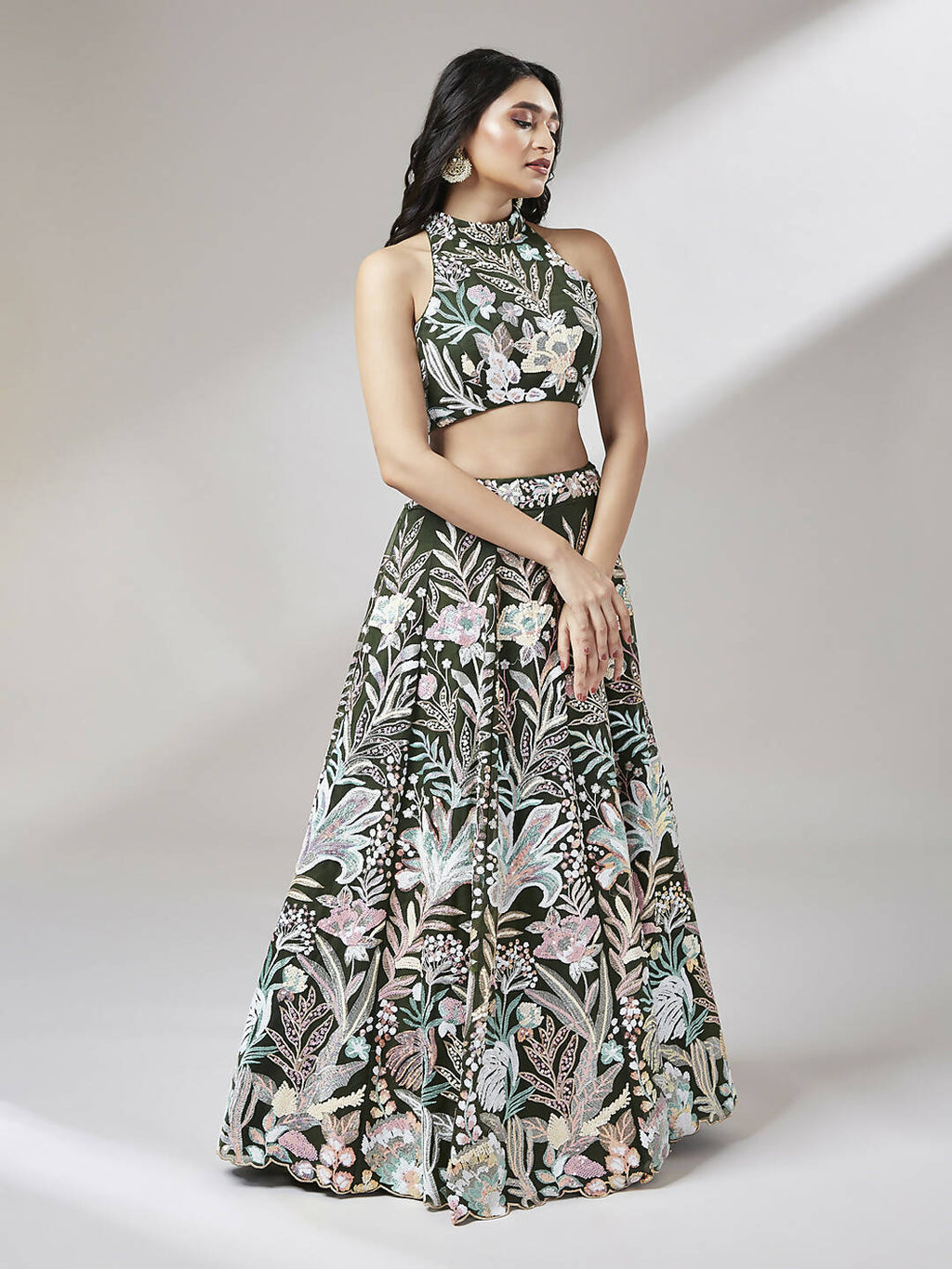 House of Panchhi Olive Net Sequinse Work Lehenga & Blouse with Dupatta