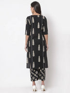 Myshka Women's Black Cotton Blend Printed 3/4 Sleeve Round Neck Casual Kurta & Palazzo Set
