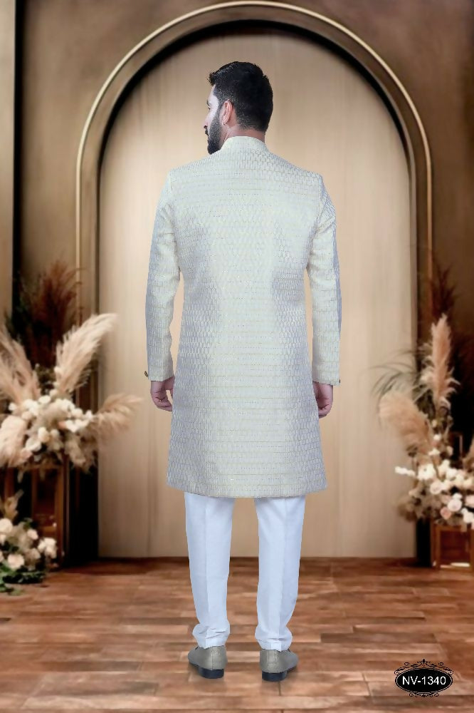 Joban Fashion Men's Yellow & White Cotton Silk Kurta with Pyjama