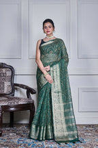 Morchari Green Script Printed Orzanga Saree Unstitched Blouse - Distacart