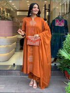 The52 Orange Women's Gorgeous Chanderi Fabric Embroidered Work Straight Kurta Pant and Dupatta Set - Distacart
