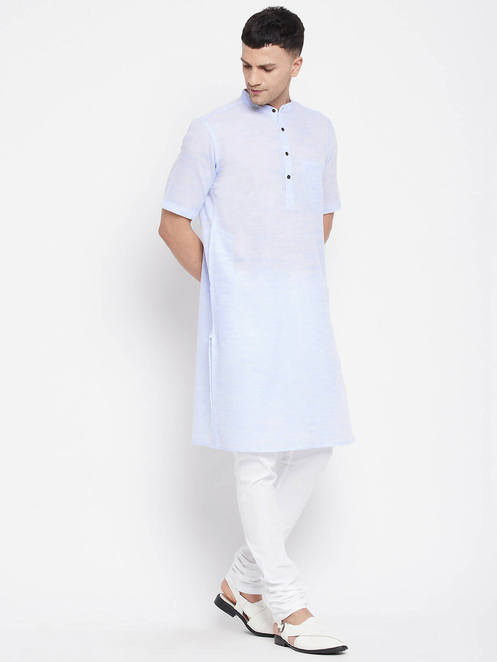 Even Apparels Blue Color Pure Cotton With Band Collar Men's H/S Kurta - Distacart