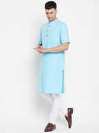 Even Apparels Blue Color Pure Cotton Men's H/S Kurta With Band Collar - Distacart