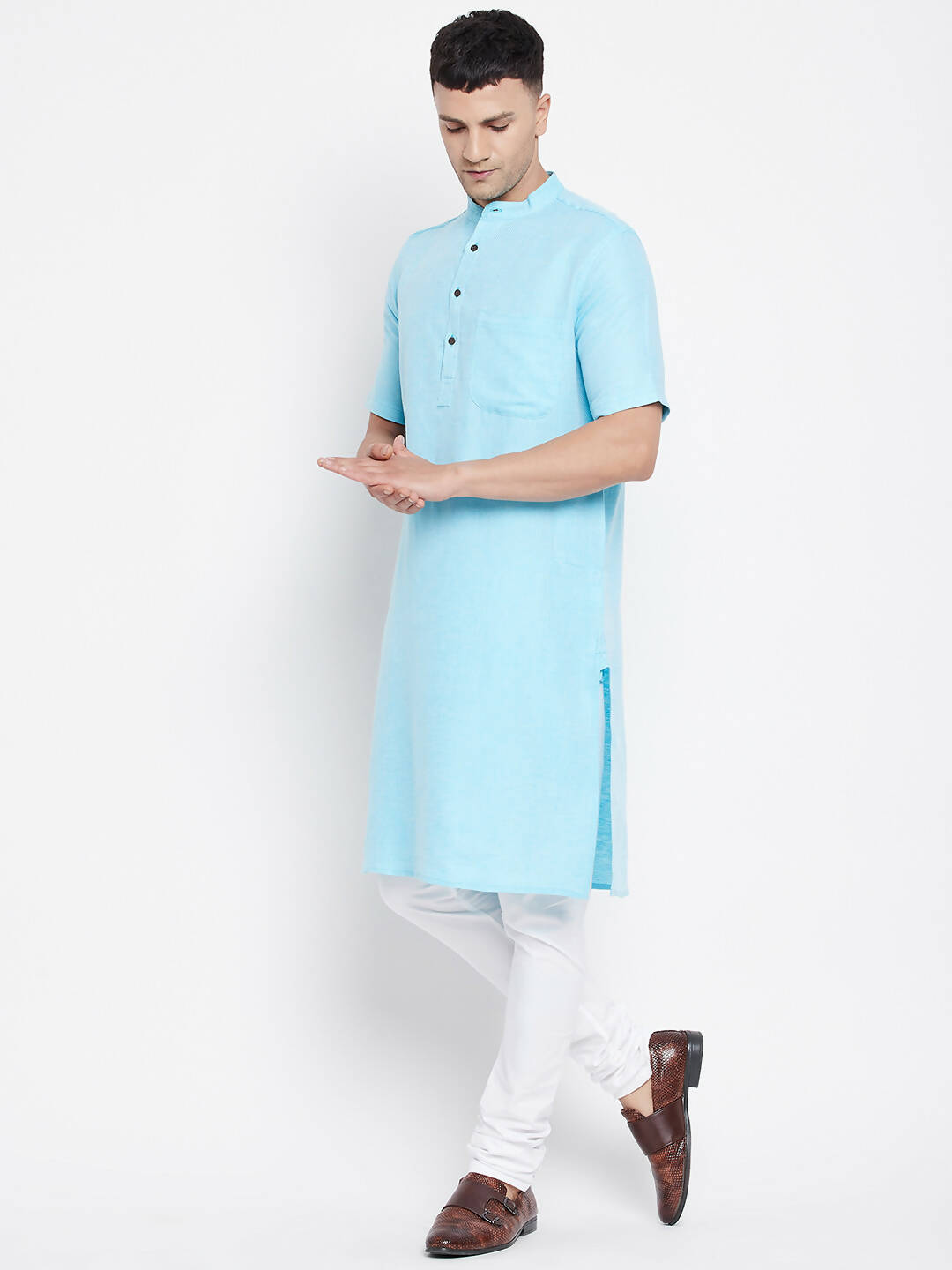 Even Apparels Blue Color Pure Cotton Men's H/S Kurta With Band Collar - Distacart