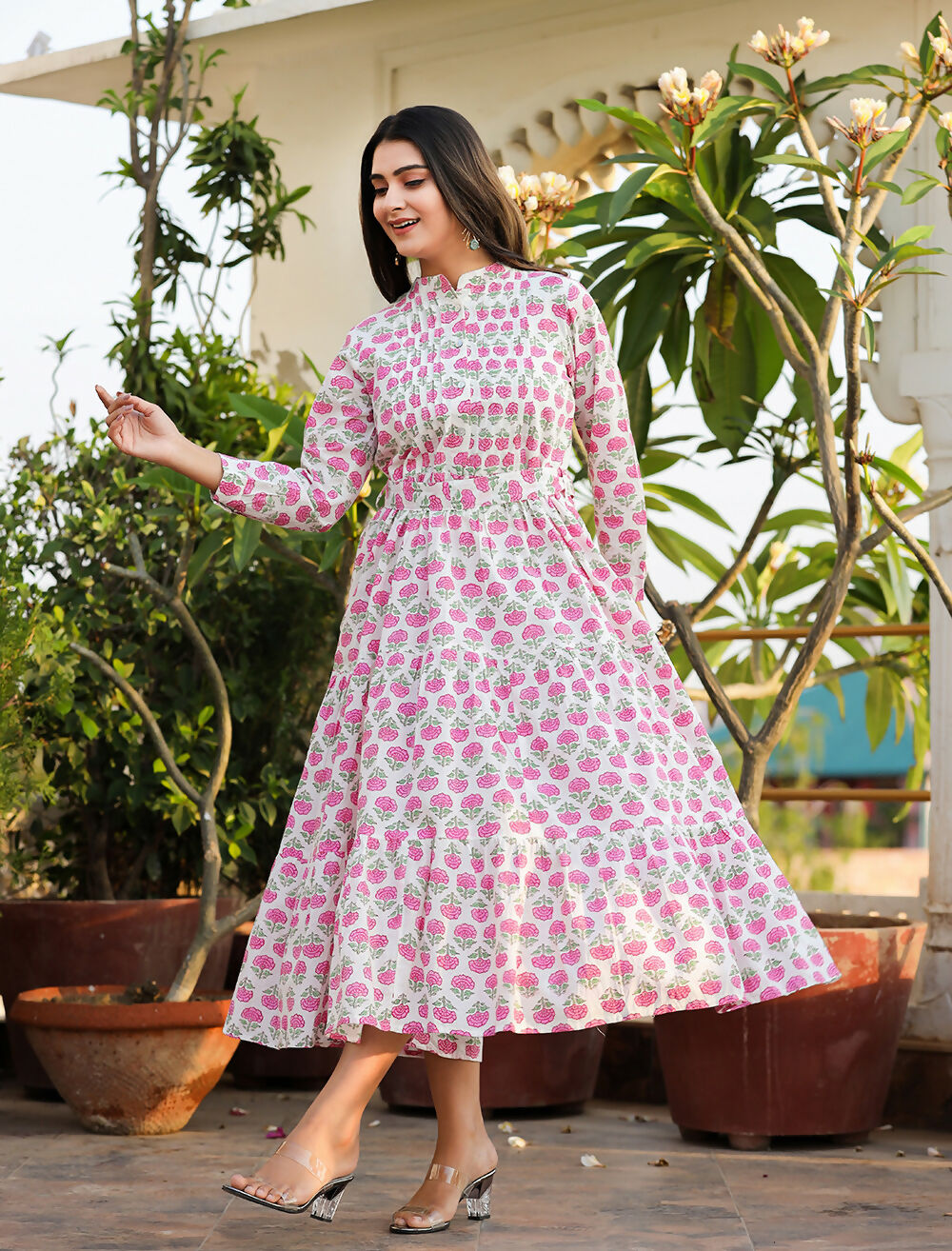 Kaajh Women's Pink Floral Print Cotton Handblock Dress - Distacart