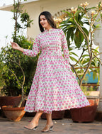 Kaajh Women's Pink Floral Print Cotton Handblock Dress - Distacart