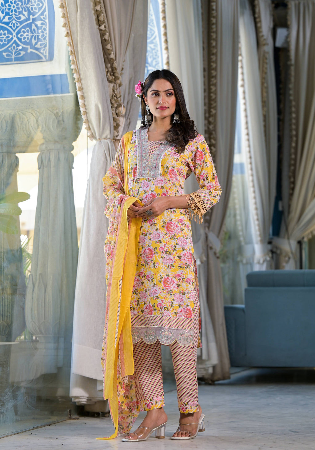 Floral Printed & Embroidered Kurta With Pant & Dupatta Luxury, Multicolor - Hiral Fashion - Distacart