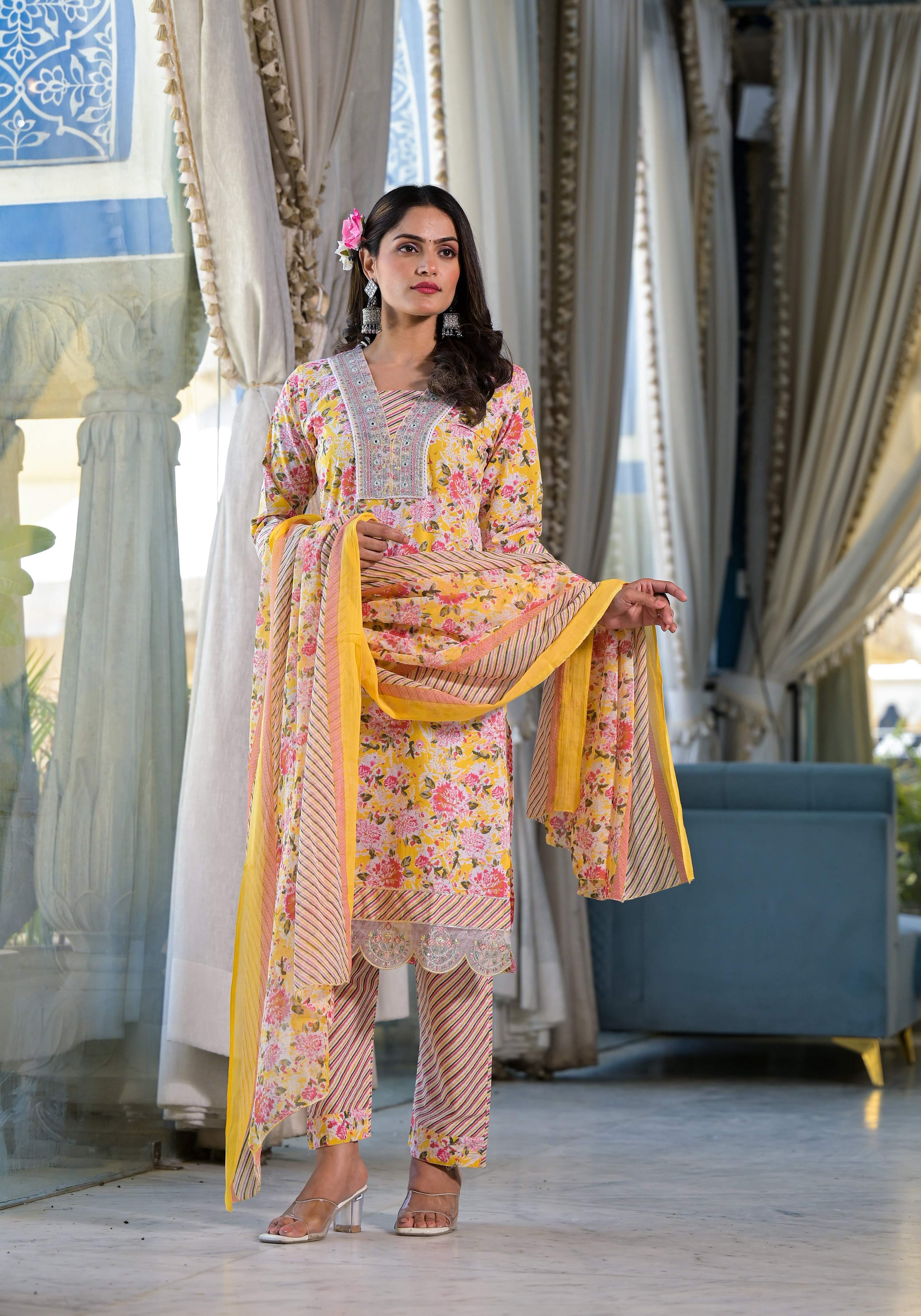 Floral Printed & Embroidered Kurta With Pant & Dupatta Luxury, Multicolor - Hiral Fashion - Distacart
