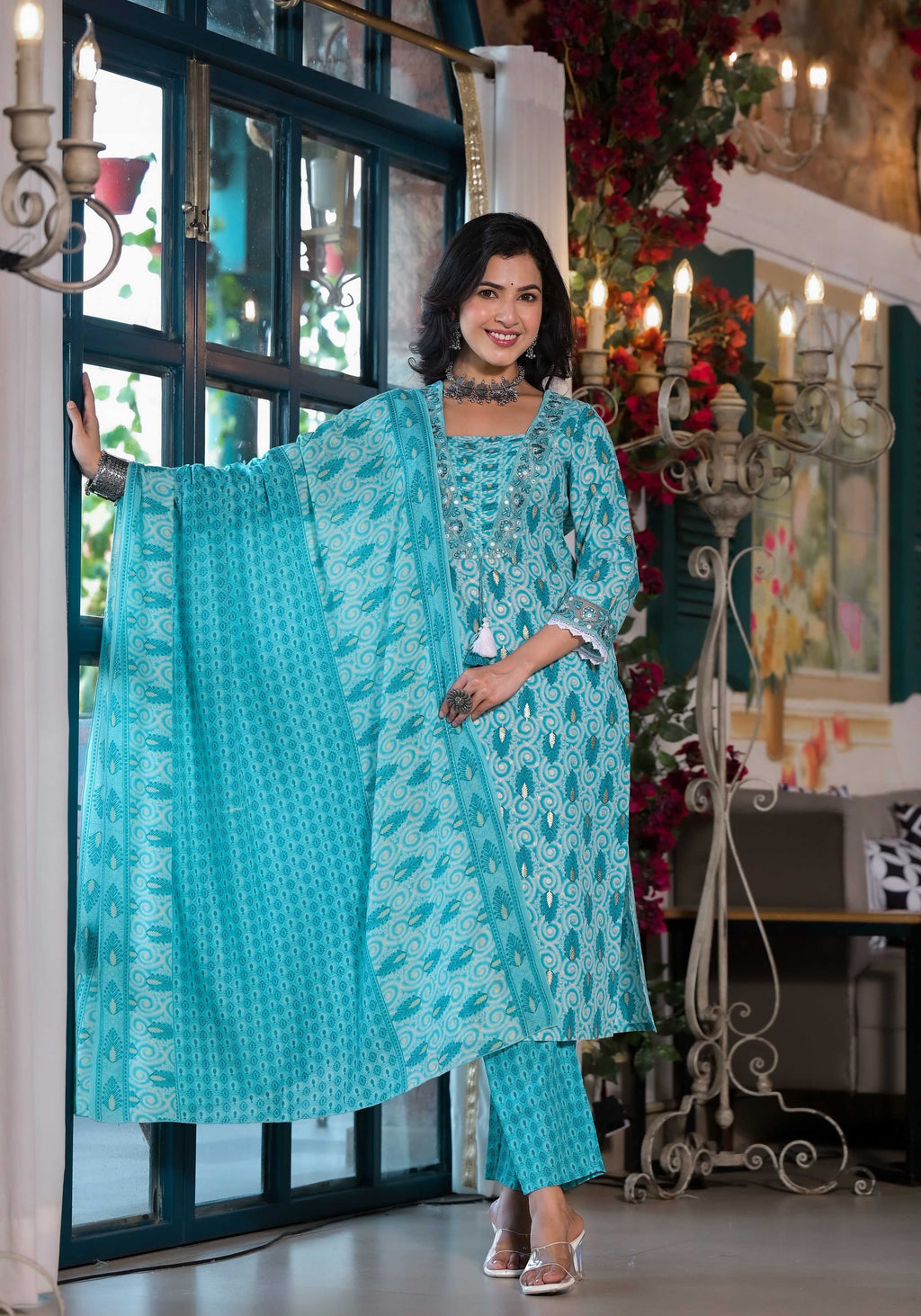 Lace Embroidered & Printed Kurta With Pant & Dupatta, Multicolor - Hiral Fashion - Distacart