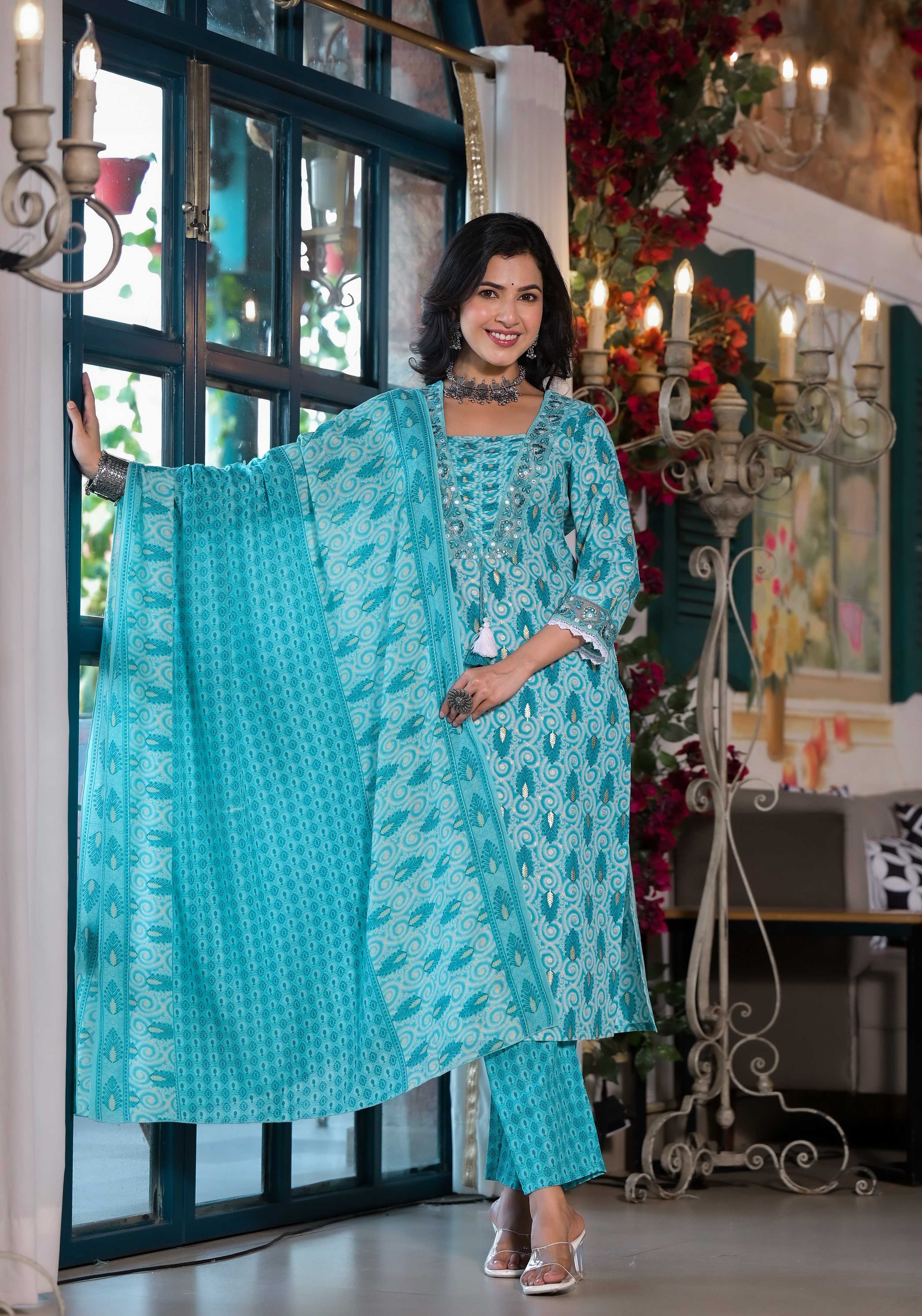 Lace Embroidered & Printed Kurta With Pant & Dupatta, Multicolor - Hiral Fashion - Distacart