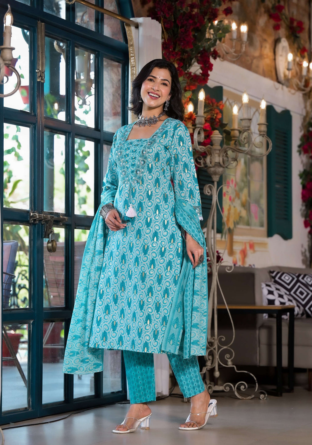 Lace Embroidered & Printed Kurta With Pant & Dupatta, Multicolor - Hiral Fashion - Distacart