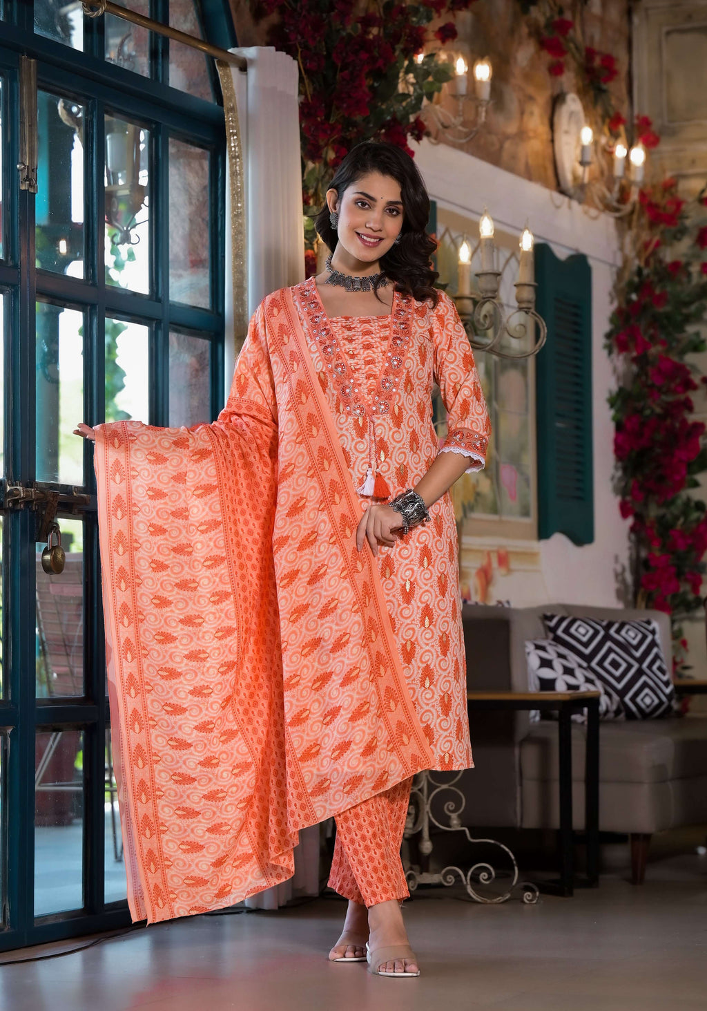 Lace Embroidered & Printed Kurta With Pant & Dupatta, Multicolor - Hiral Fashion - Distacart