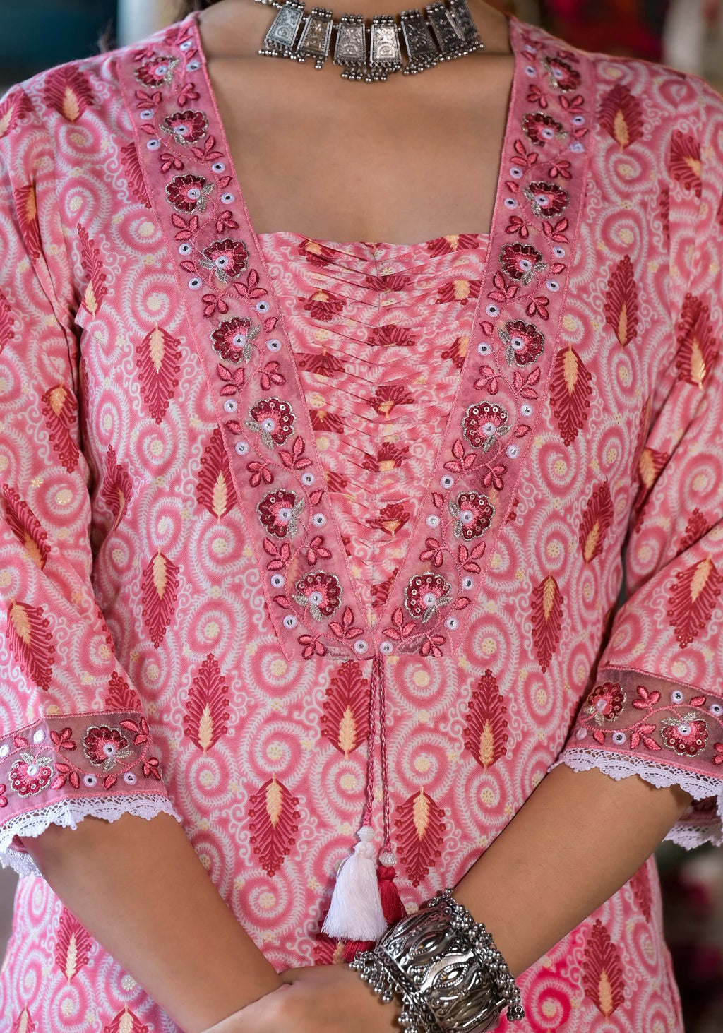 Lace Embroidered & Printed Kurta With Pant & Dupatta, Multicolor - Hiral Fashion