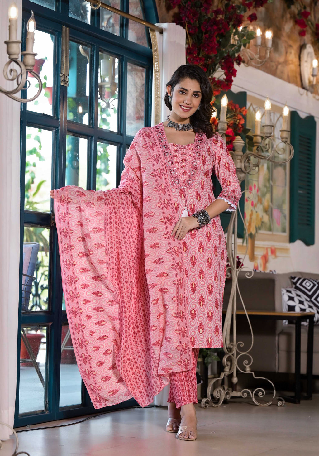 Lace Embroidered & Printed Kurta With Pant & Dupatta, Multicolor - Hiral Fashion
