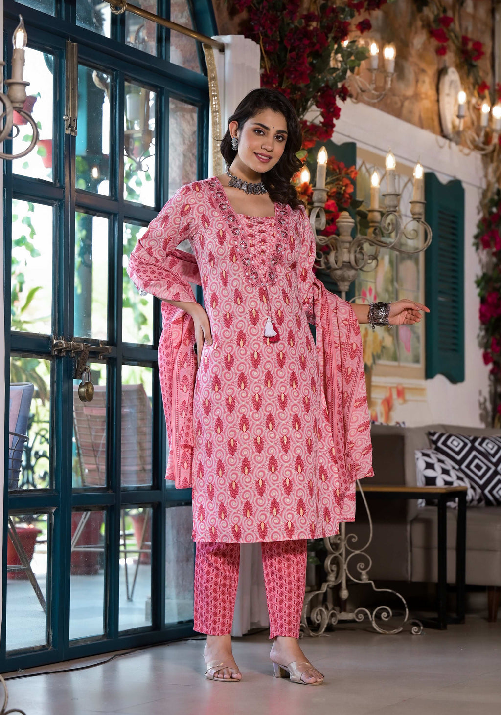 Lace Embroidered & Printed Kurta With Pant & Dupatta, Multicolor - Hiral Fashion