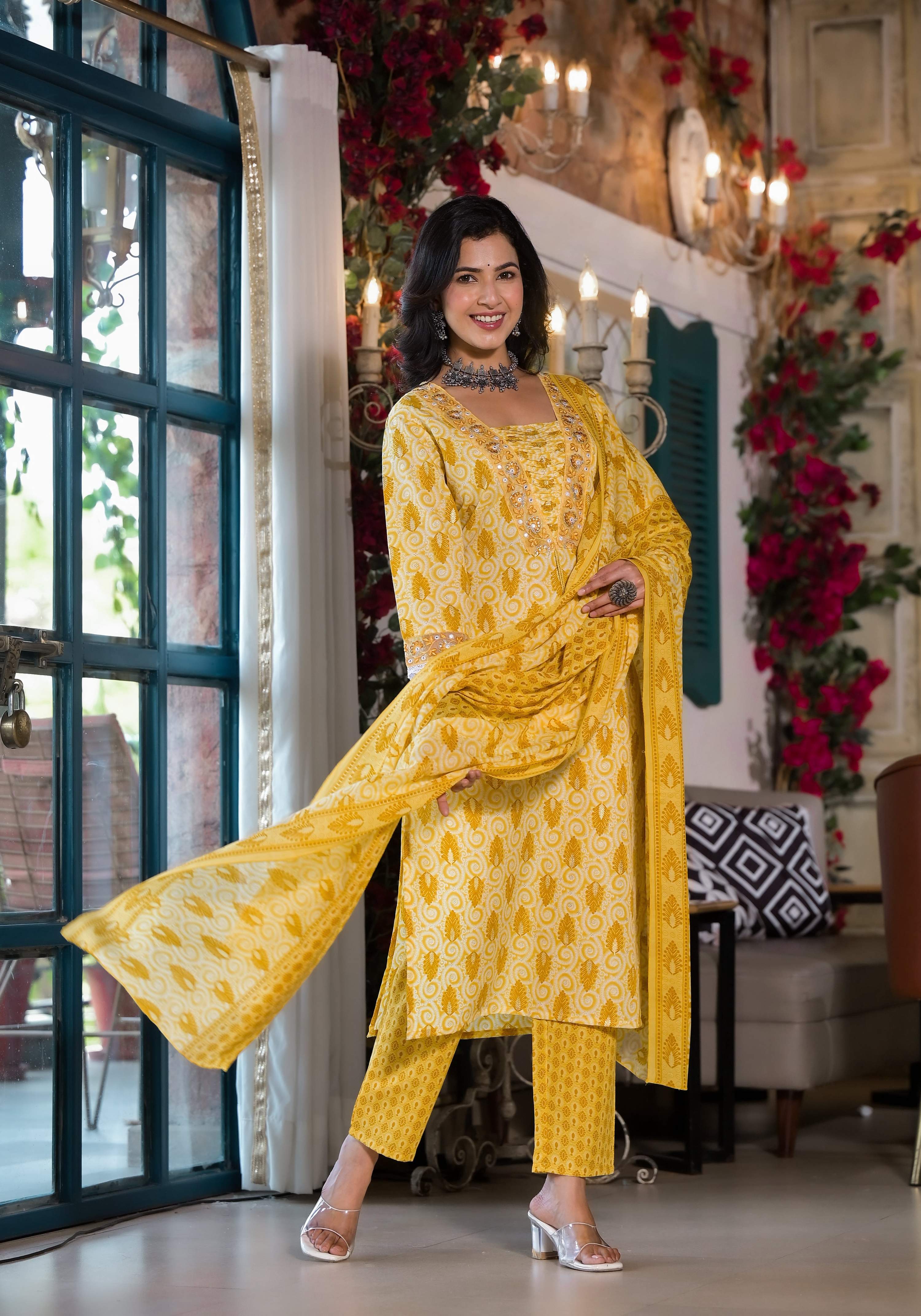 Lace Embroidered & Printed Kurta With Pant & Dupatta, Multicolor - Hiral Fashion