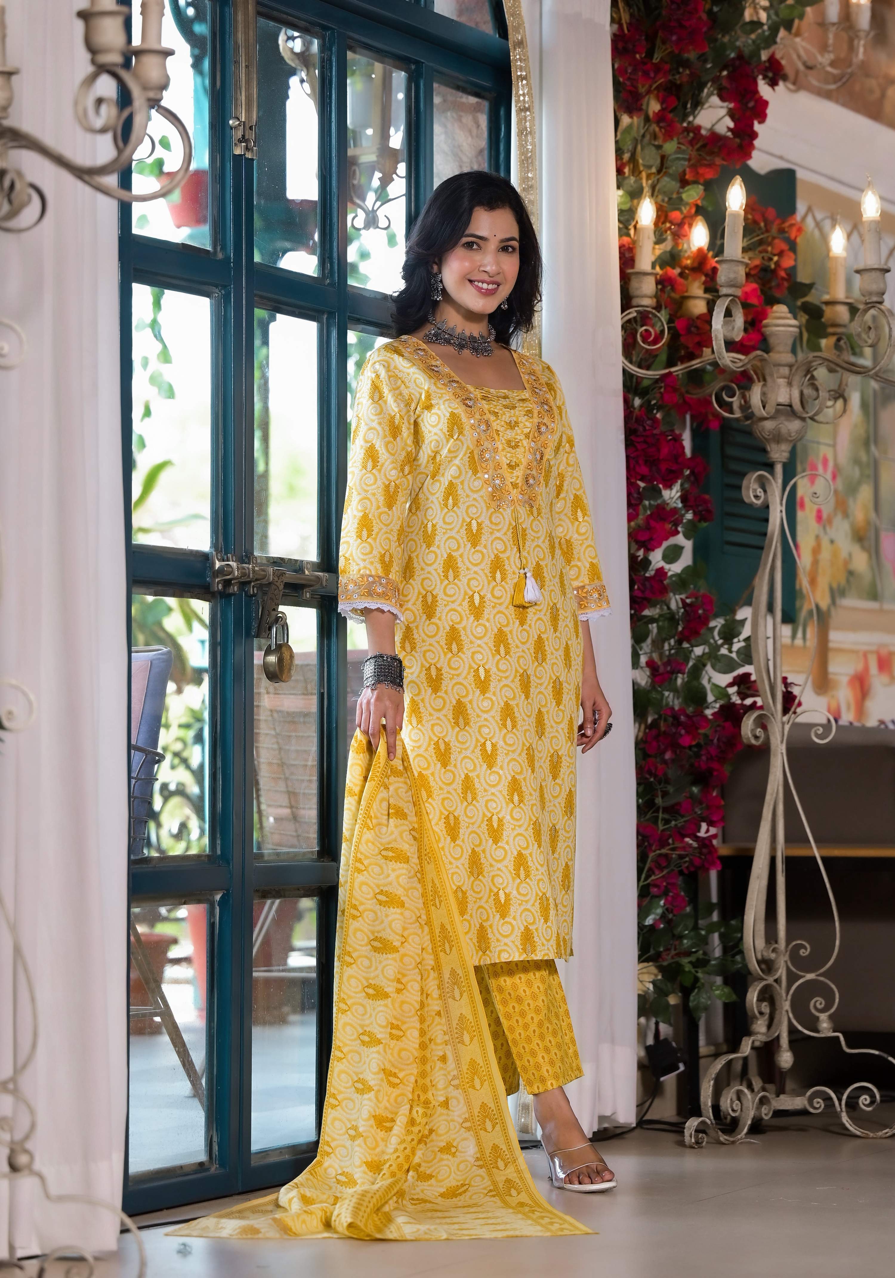 Lace Embroidered & Printed Kurta With Pant & Dupatta, Multicolor - Hiral Fashion