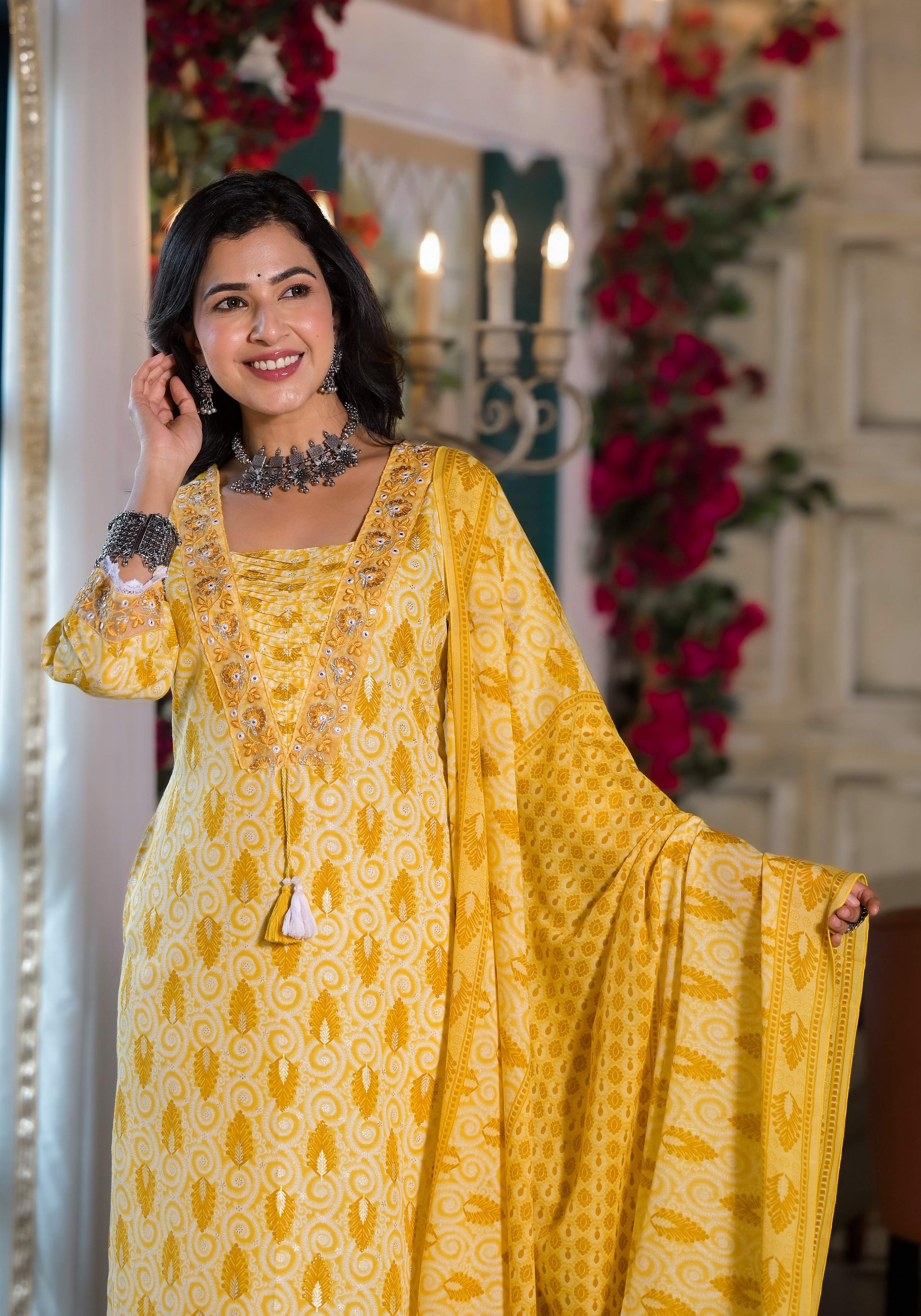 Lace Embroidered & Printed Kurta With Pant & Dupatta, Multicolor - Hiral Fashion