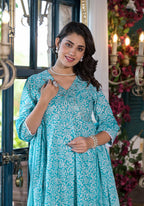 Embroidered & Printed Angrakha Style Kurta With Pant & Dupatta, Blue - Hiral Fashion - Distacart