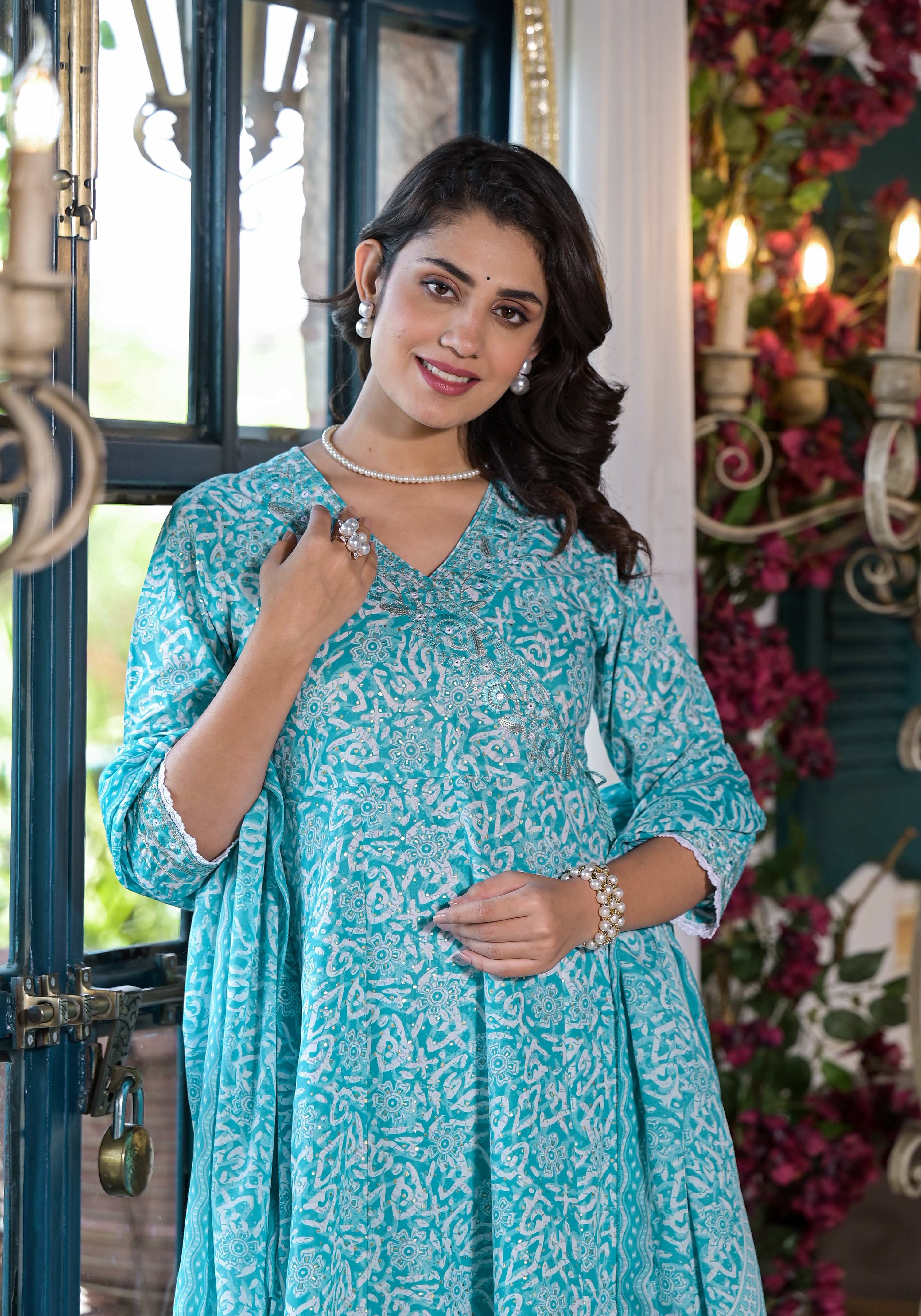 Embroidered & Printed Angrakha Style Kurta With Pant & Dupatta, Blue - Hiral Fashion - Distacart