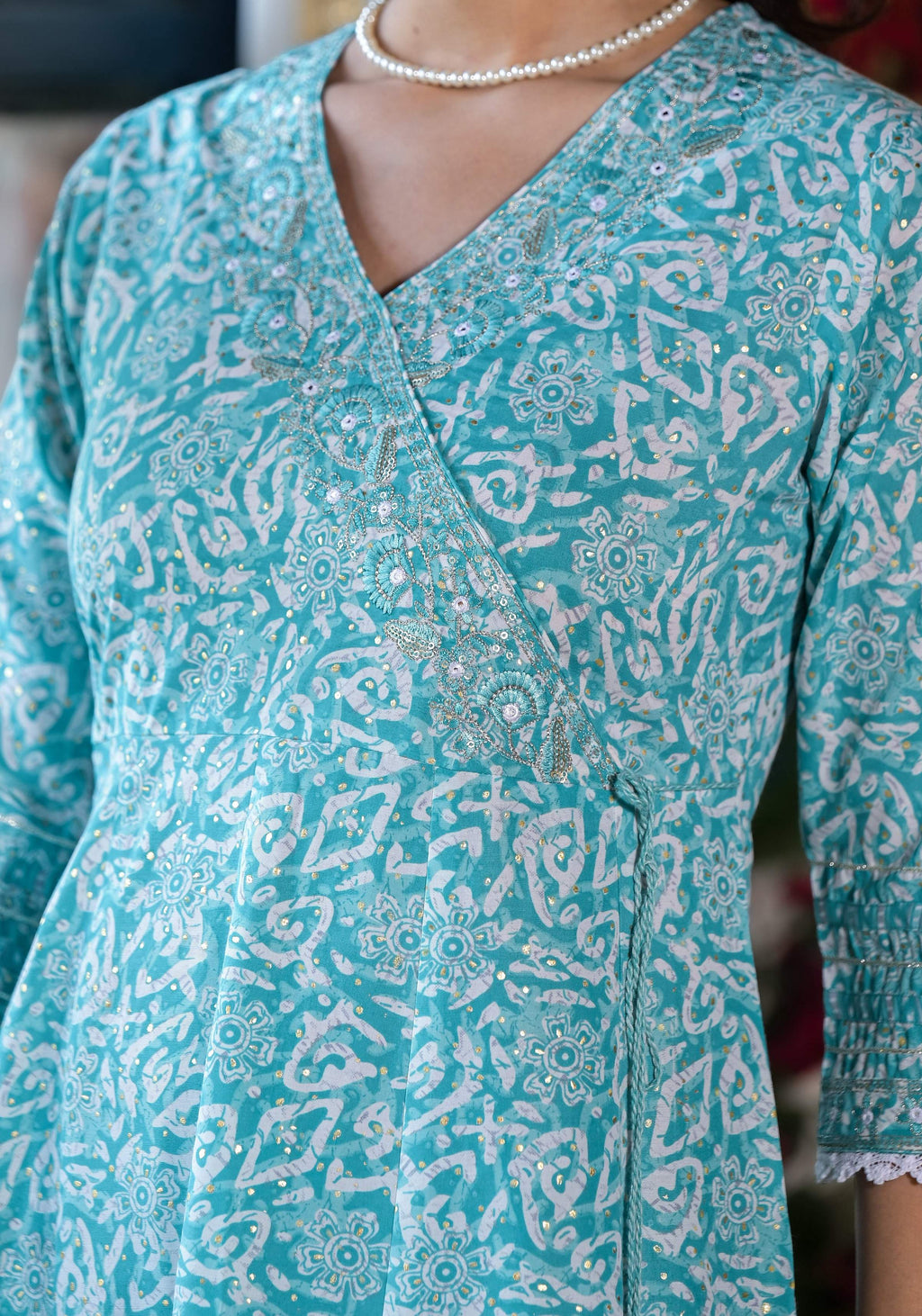 Embroidered & Printed Angrakha Style Kurta With Pant & Dupatta, Blue - Hiral Fashion - Distacart