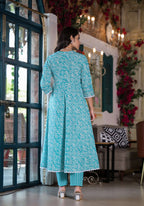 Embroidered & Printed Angrakha Style Kurta With Pant & Dupatta, Blue - Hiral Fashion - Distacart