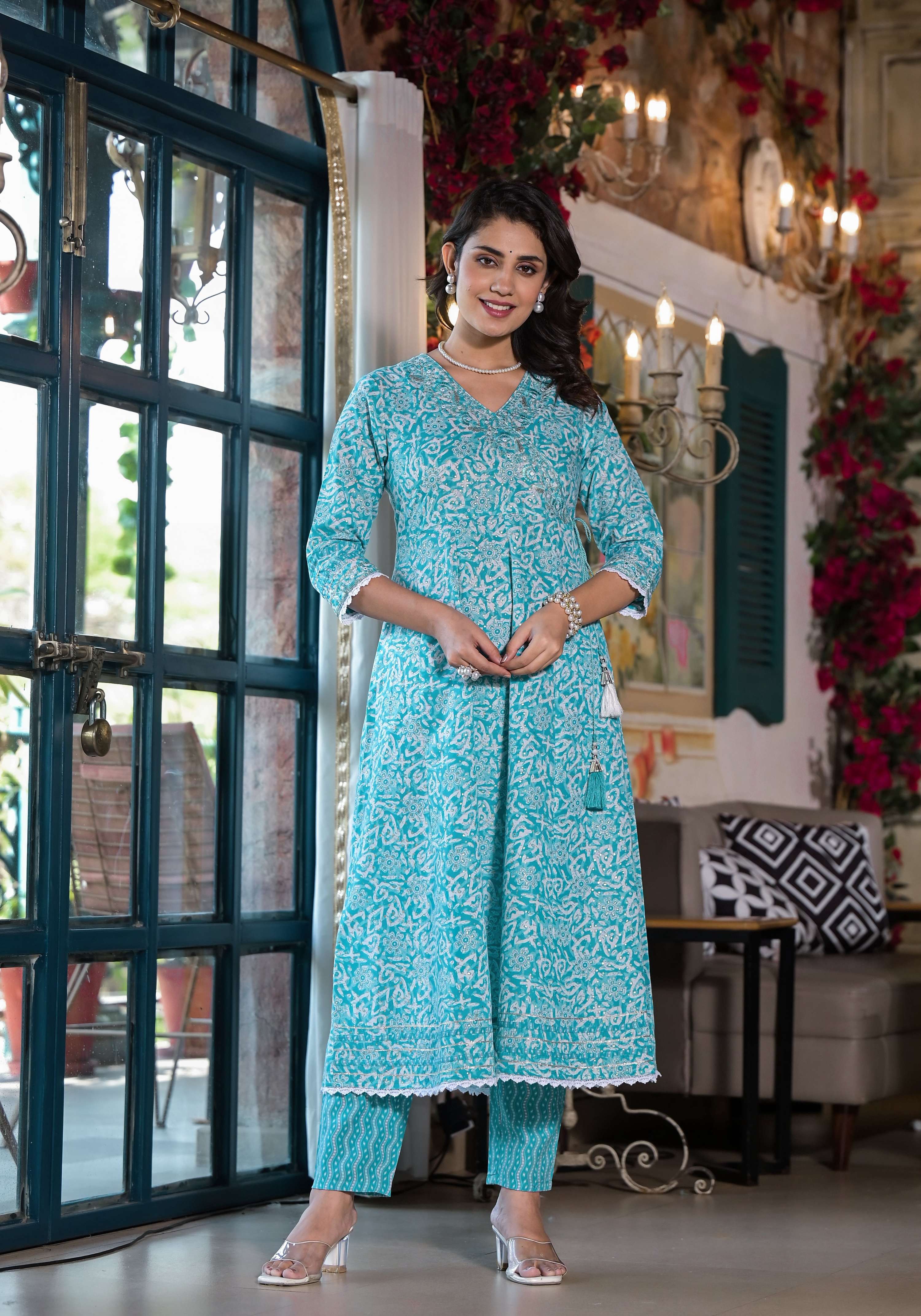 Embroidered & Printed Angrakha Style Kurta With Pant & Dupatta, Blue - Hiral Fashion - Distacart