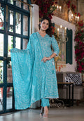 Embroidered & Printed Angrakha Style Kurta With Pant & Dupatta, Blue - Hiral Fashion - Distacart