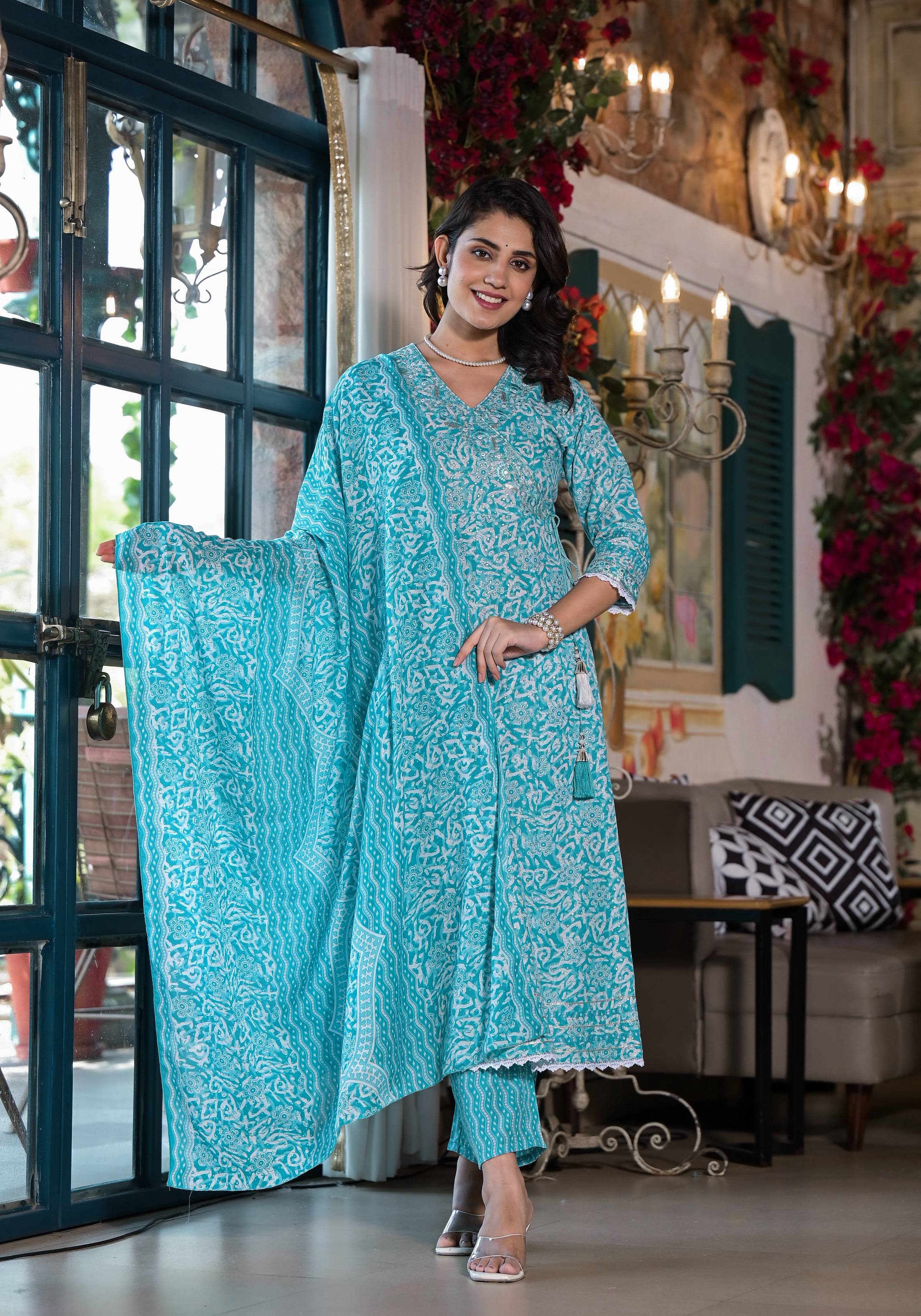Embroidered & Printed Angrakha Style Kurta With Pant & Dupatta, Blue - Hiral Fashion - Distacart