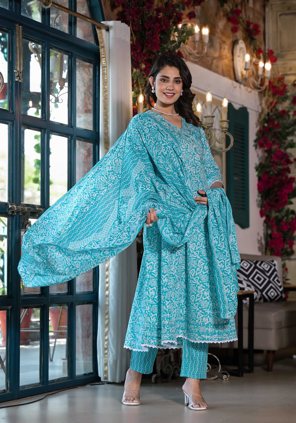 Embroidered & Printed Angrakha Style Kurta With Pant & Dupatta, Blue - Hiral Fashion - Distacart