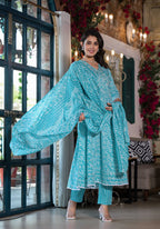Embroidered & Printed Angrakha Style Kurta With Pant & Dupatta, Blue - Hiral Fashion - Distacart