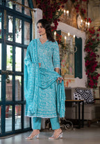 Embroidered & Printed Angrakha Style Kurta With Pant & Dupatta, Blue - Hiral Fashion - Distacart