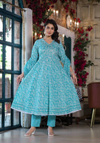 Embroidered & Printed Angrakha Style Kurta With Pant & Dupatta, Blue - Hiral Fashion - Distacart
