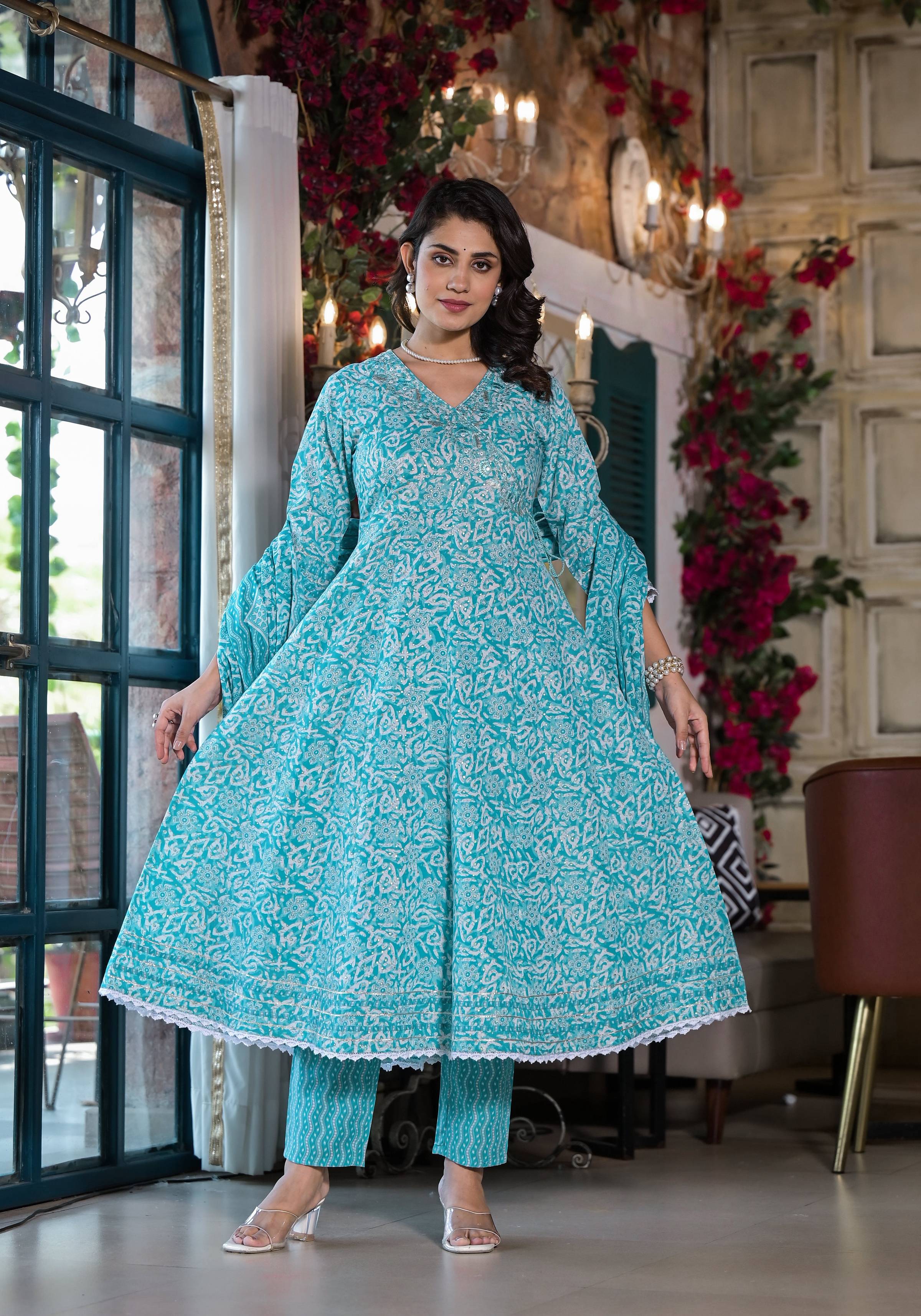Embroidered & Printed Angrakha Style Kurta With Pant & Dupatta, Blue - Hiral Fashion - Distacart
