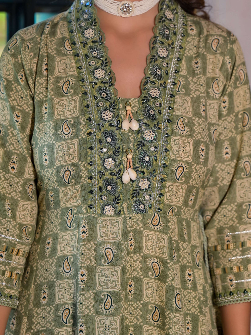 Embroidered & Printed Flared Kurta With Pant & Dupatta, Green - Hiral Fashion - Distacart