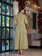 Embroidered & Printed Flared Kurta With Pant & Dupatta, Green - Hiral Fashion - Distacart