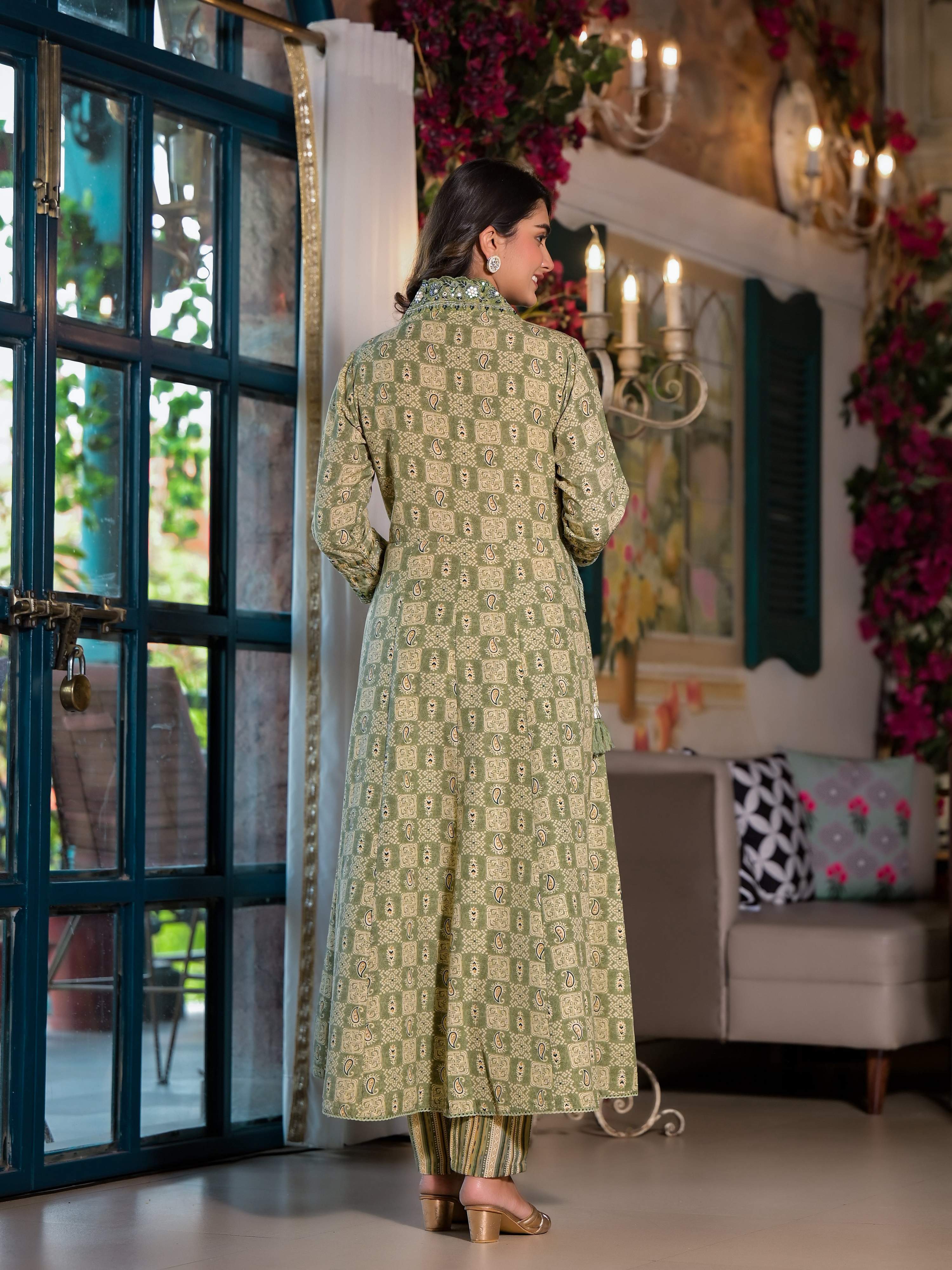Embroidered & Printed Flared Kurta With Pant & Dupatta, Green - Hiral Fashion - Distacart