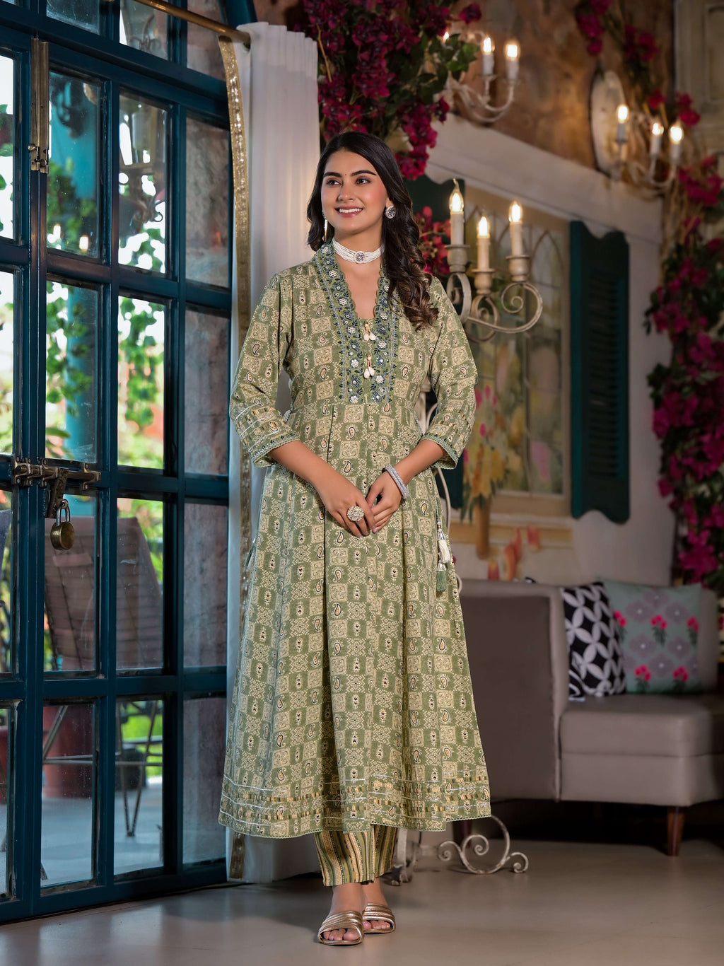 Embroidered & Printed Flared Kurta With Pant & Dupatta, Green - Hiral Fashion - Distacart