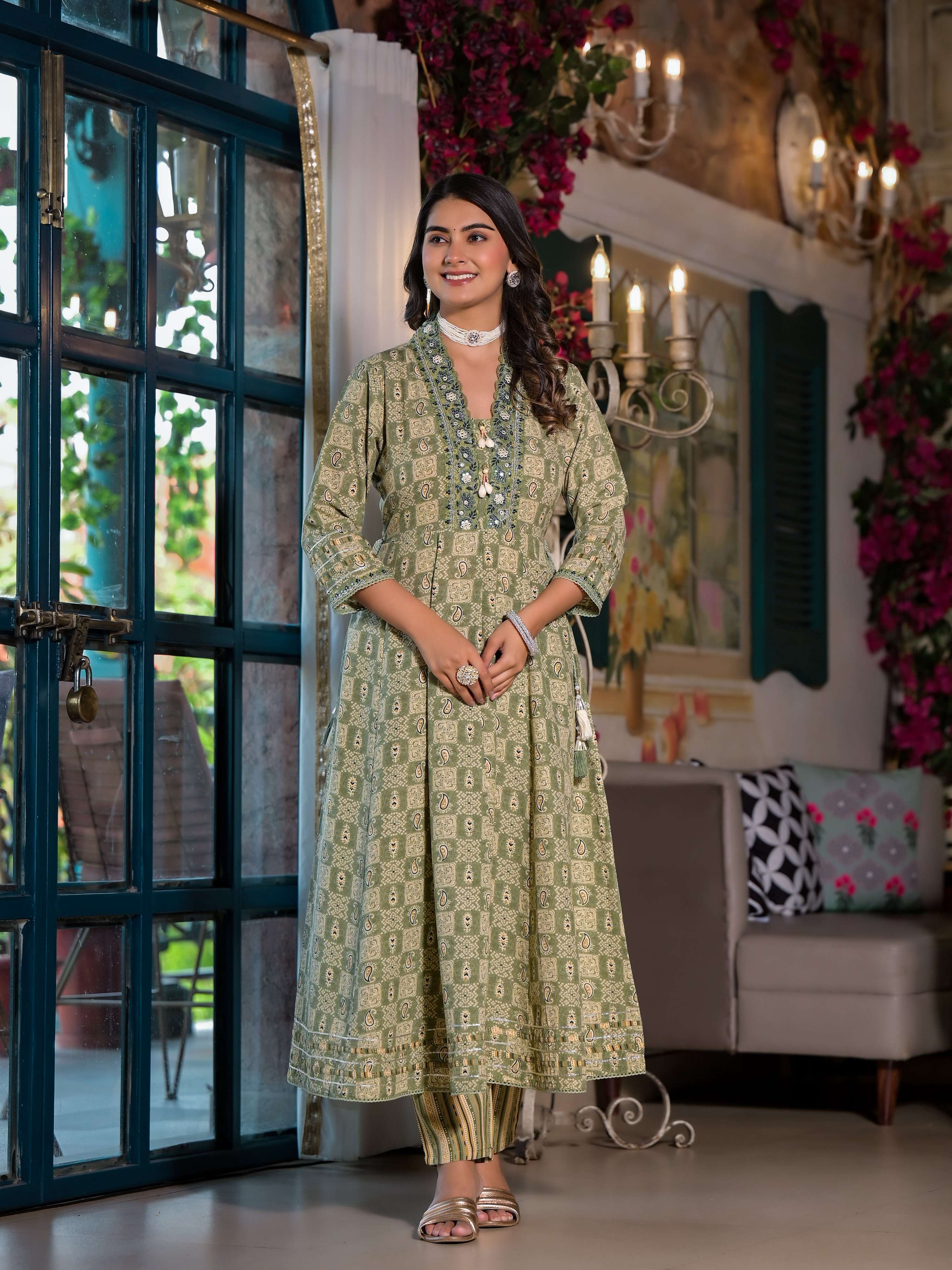 Embroidered & Printed Flared Kurta With Pant & Dupatta, Green - Hiral Fashion - Distacart
