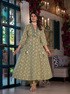 Embroidered & Printed Flared Kurta With Pant & Dupatta, Green - Hiral Fashion - Distacart