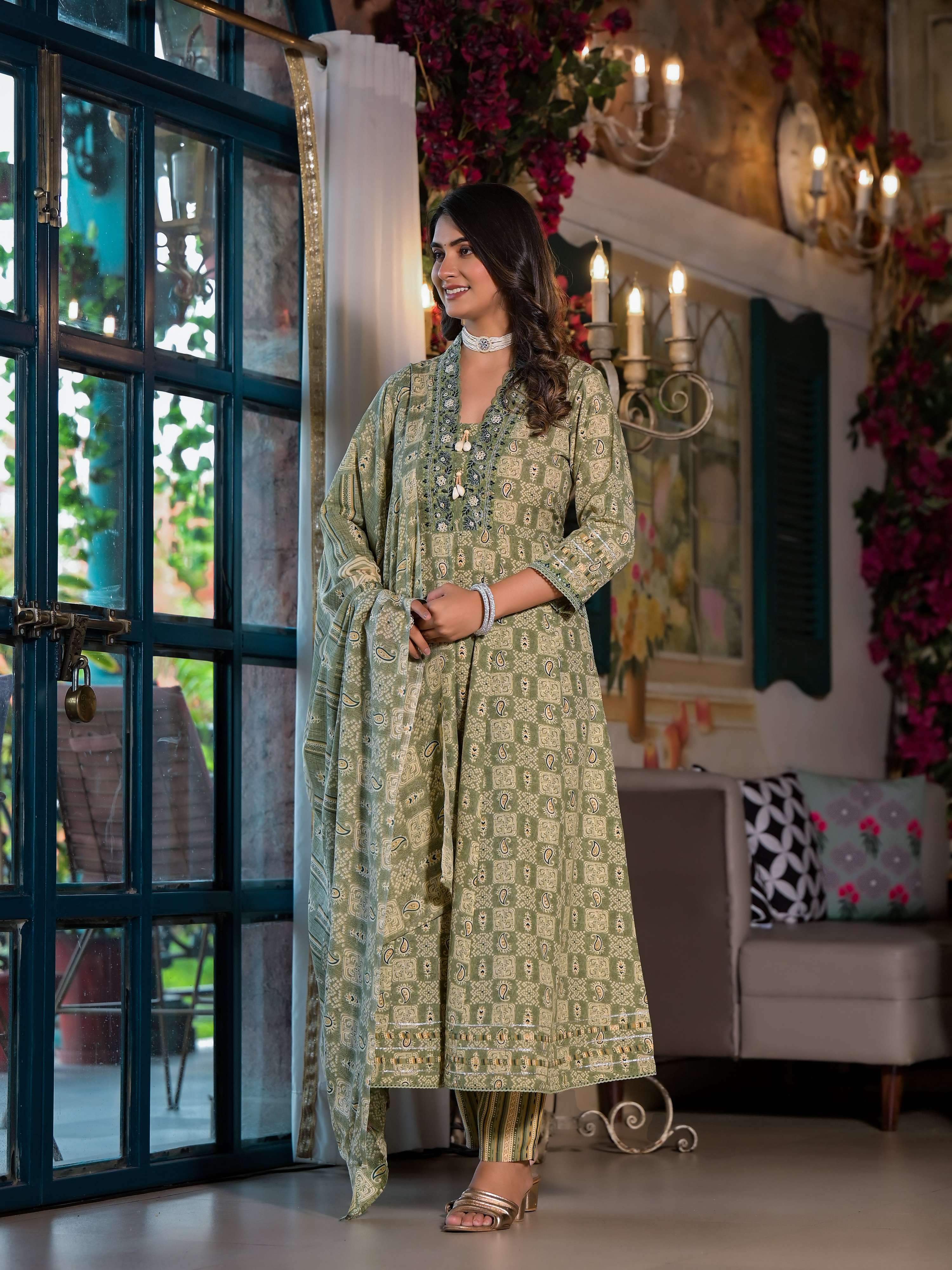 Embroidered & Printed Flared Kurta With Pant & Dupatta, Green - Hiral Fashion - Distacart
