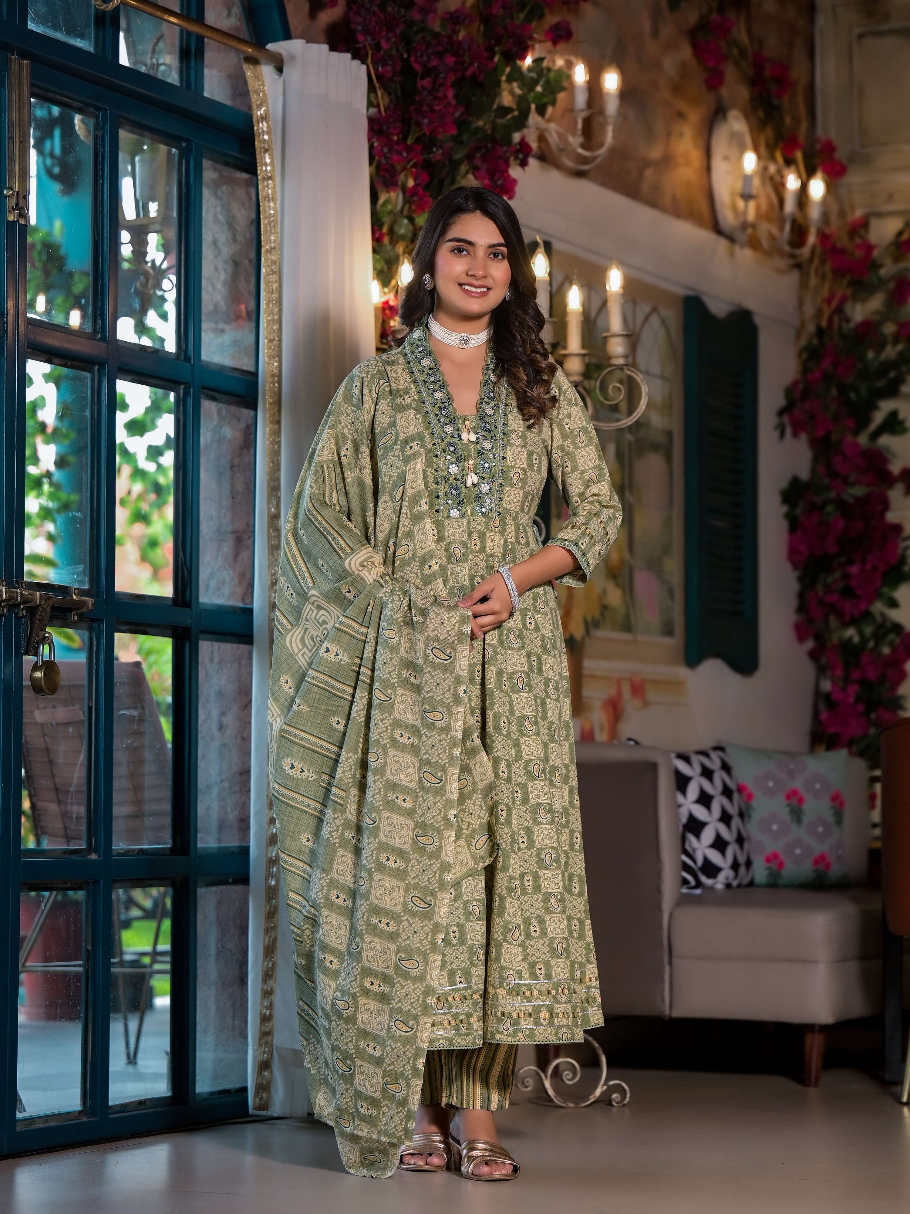 Embroidered & Printed Flared Kurta With Pant & Dupatta, Green - Hiral Fashion - Distacart