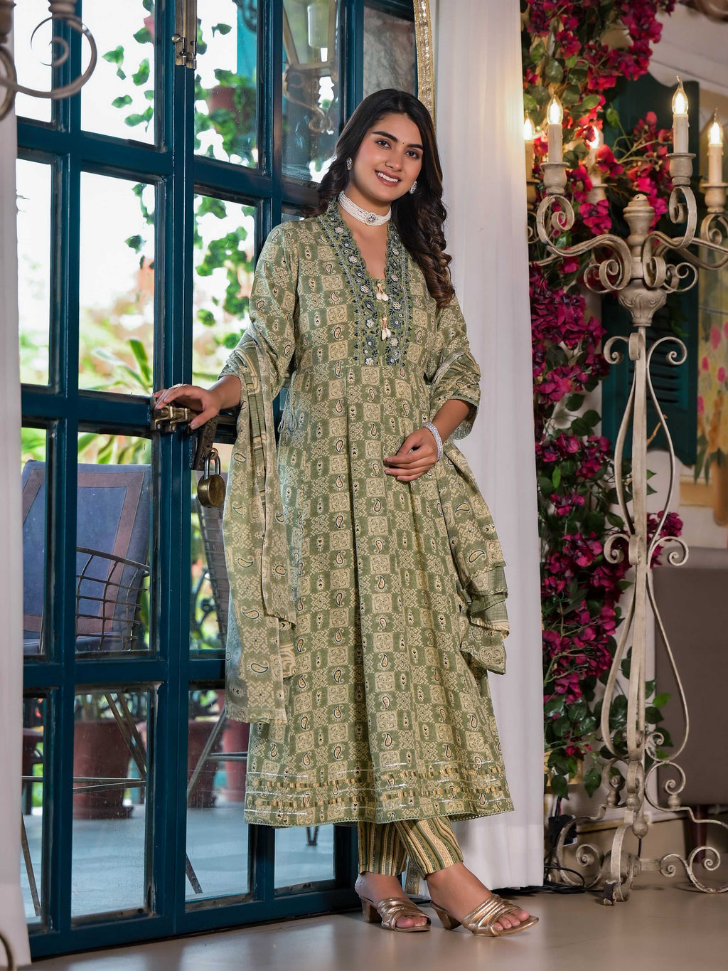 Embroidered & Printed Flared Kurta With Pant & Dupatta, Green - Hiral Fashion - Distacart