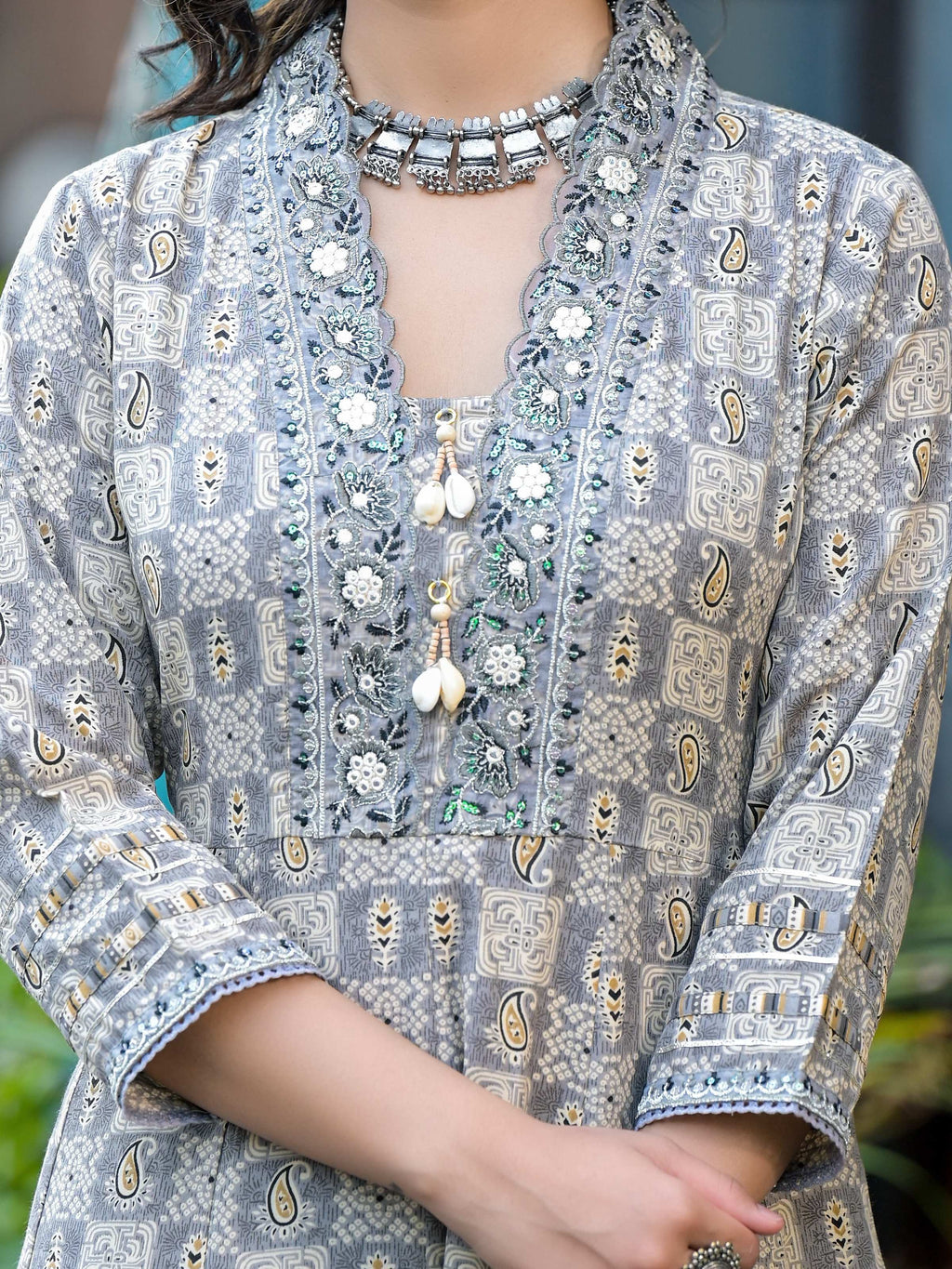Embroidered & Printed Flared Kurta With Pant & Dupatta, Grey - Hiral Fashion